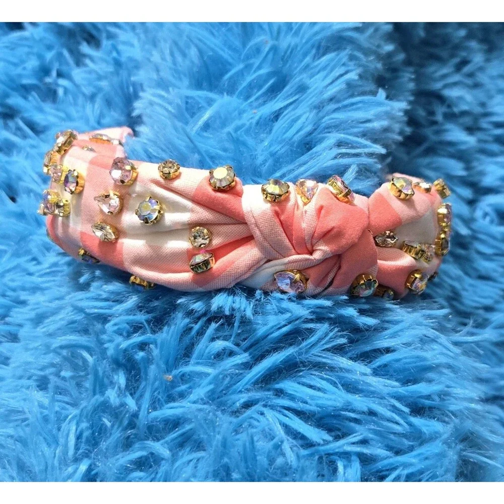 Pink White Striped Knotted Fabric Headband w/ Rhinestone Heart Embellish